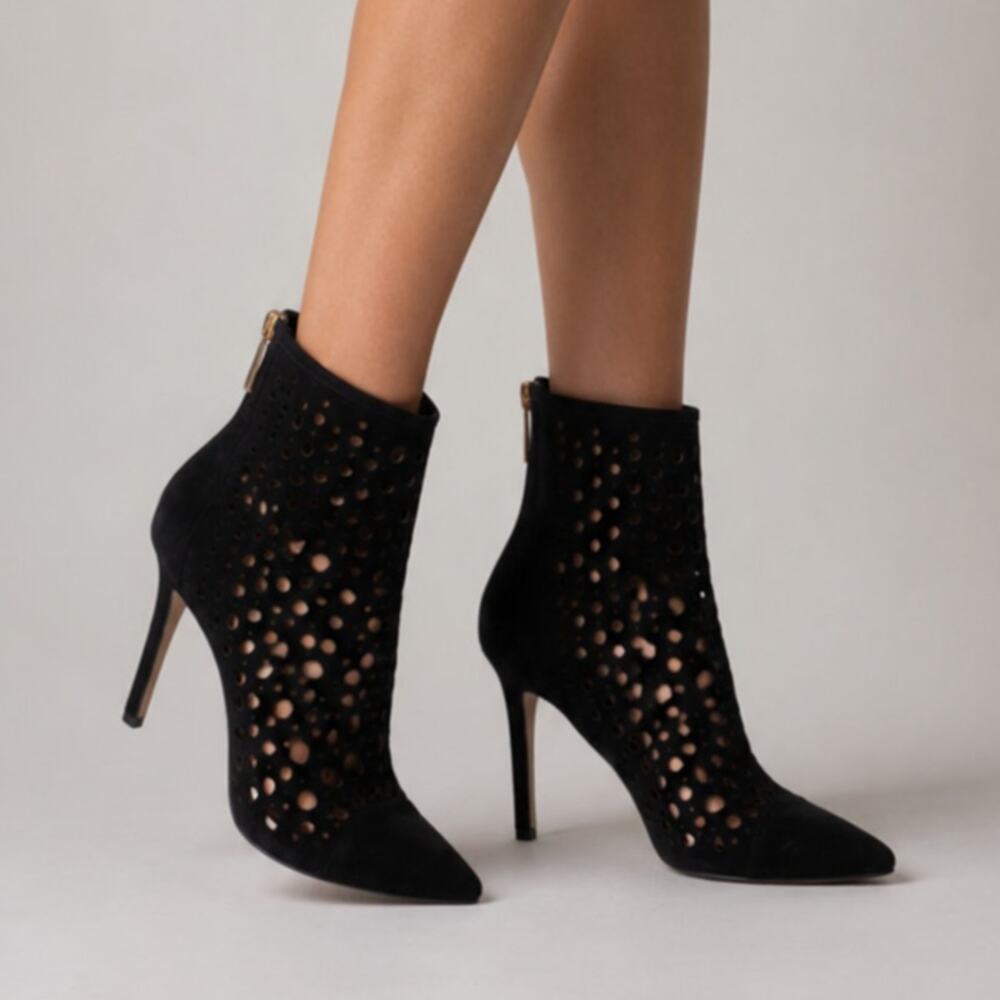 Tamara Mellon 7.5 Laser Cut Italian Suede Ankle Boots $895 Polka Dot Heels Black